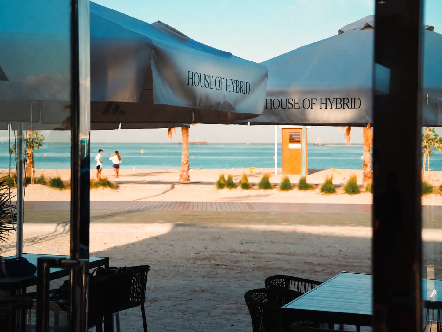 House of Hybrid umbrellas framing the beach and the sea at Umm Suqeim